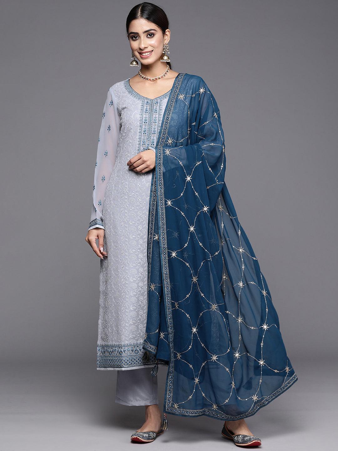 Blue Embroidered Georgette Straight Suit With Dupatta