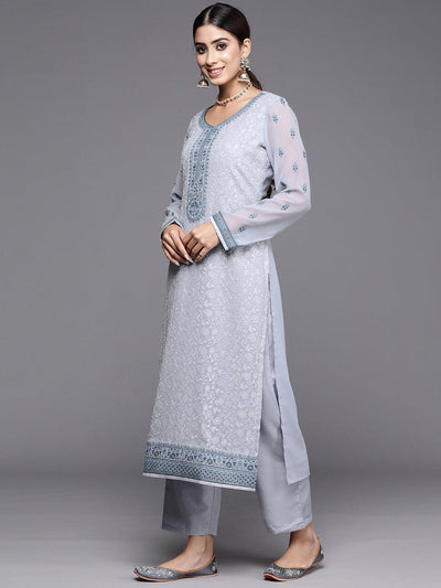 Livid Blue Embroidered Georgette Straight Kurta With Trousers & Dupatta - Libas