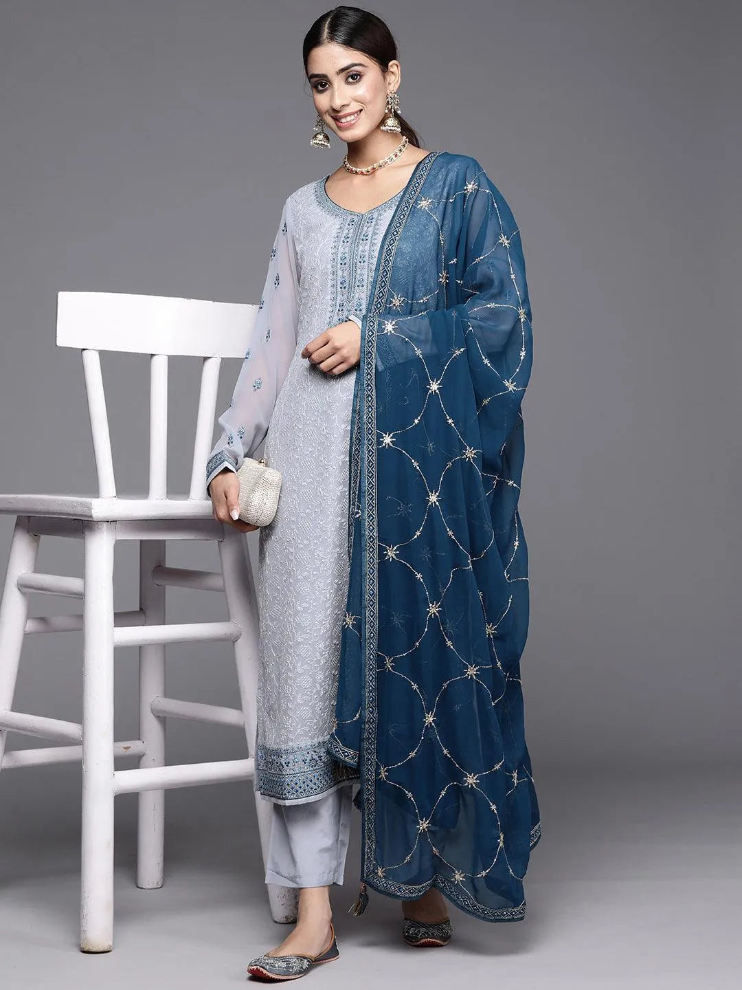 Pink Embroidered Georgette Straight Kurta With Trousers & Dupatta