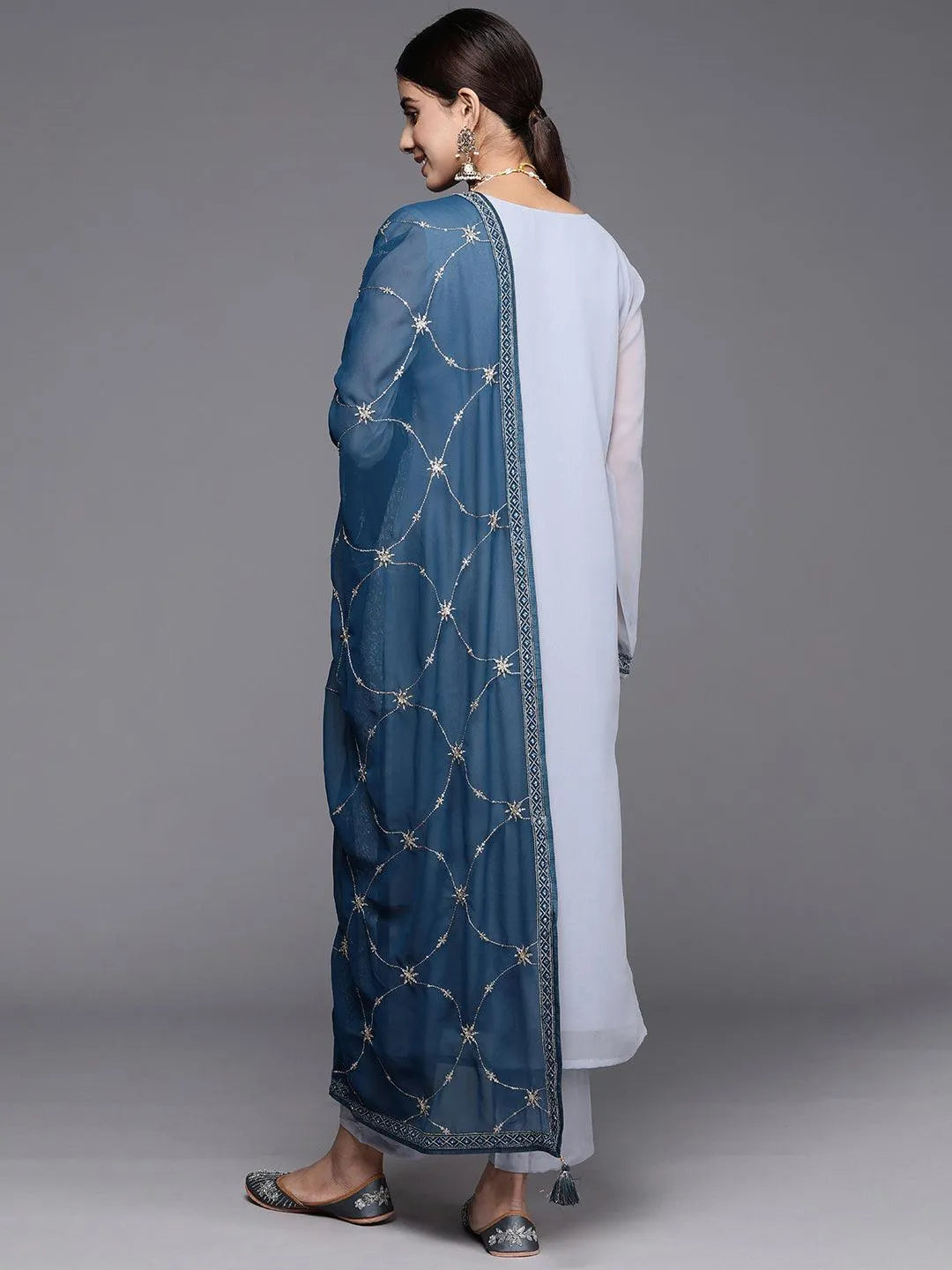 Livid Blue Embroidered Georgette Straight Kurta With Trousers & Dupatta - Libas 