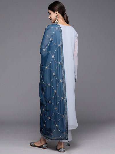 Livid Blue Embroidered Georgette Straight Kurta With Trousers & Dupatta - Libas