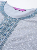 Blue Embroidered Georgette Straight Kurta With Dupatta
