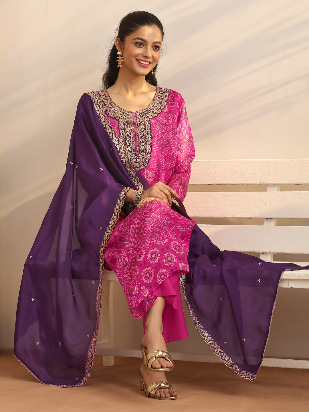 Magenta Bandhani Printed Organza Suit Set With Dupatta