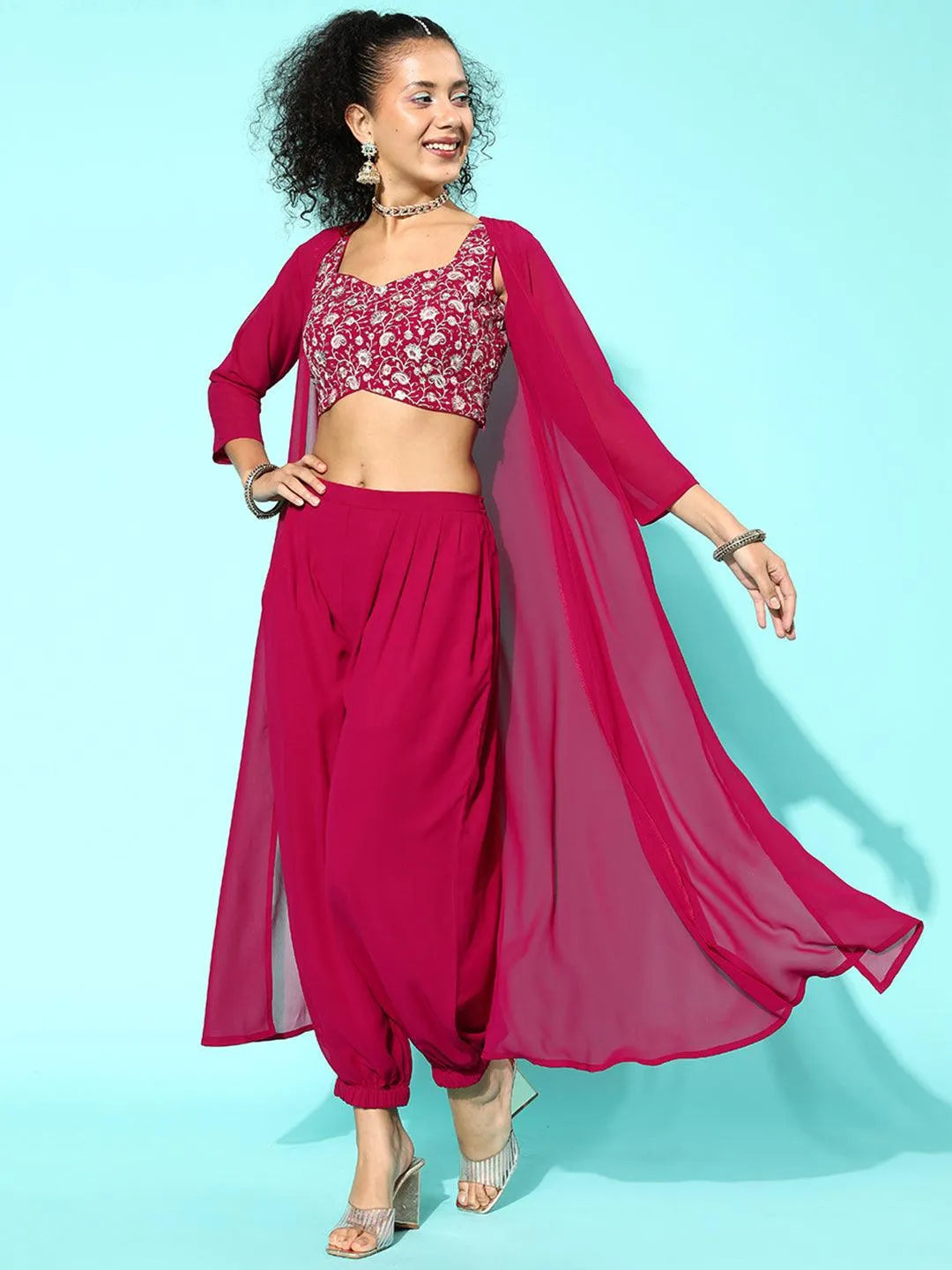 Magenta Embellished Georgette Top With Salwar & Shrug - Libas