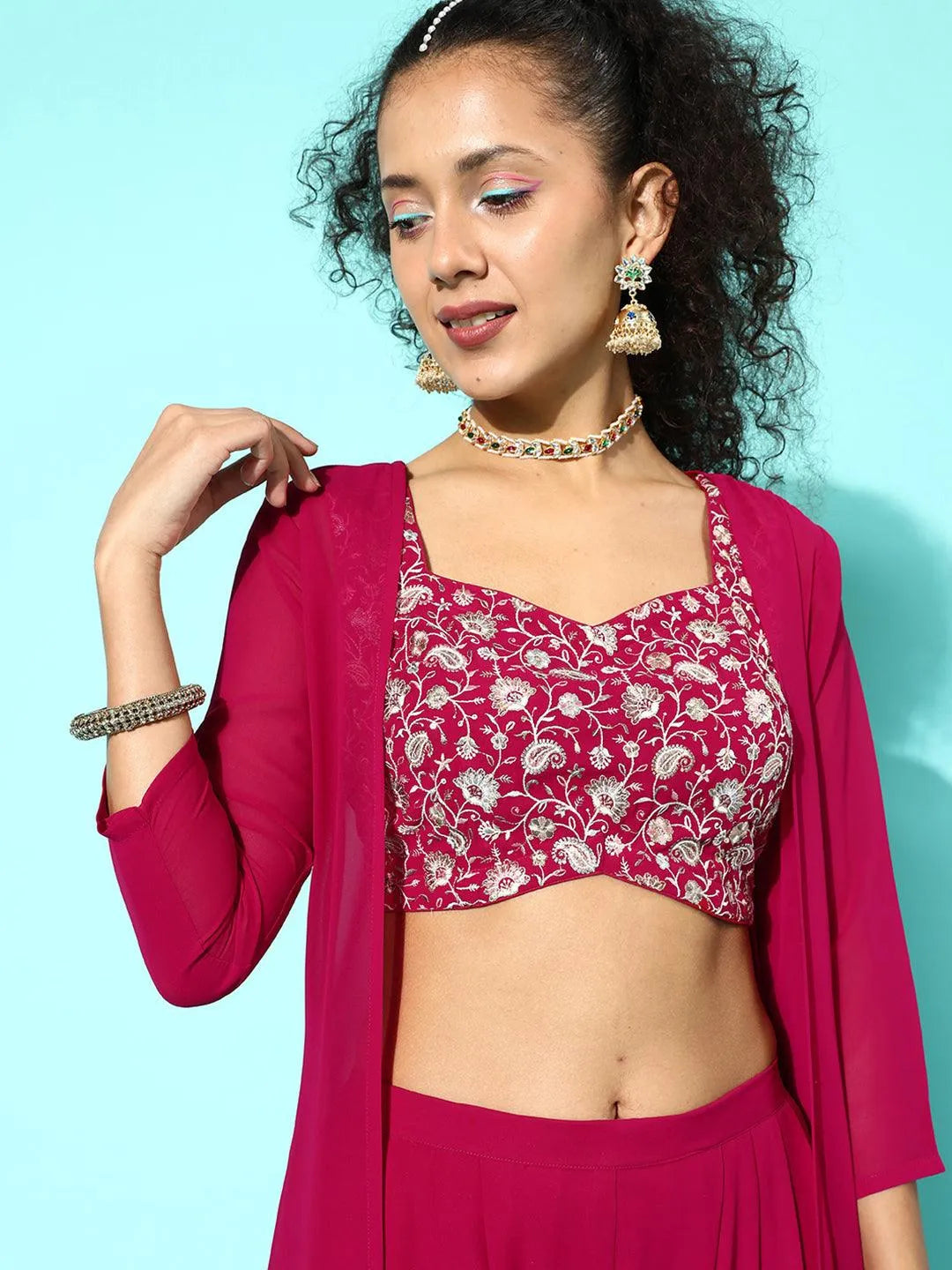 Magenta Embellished Georgette Top With Salwar & Shrug - Libas 