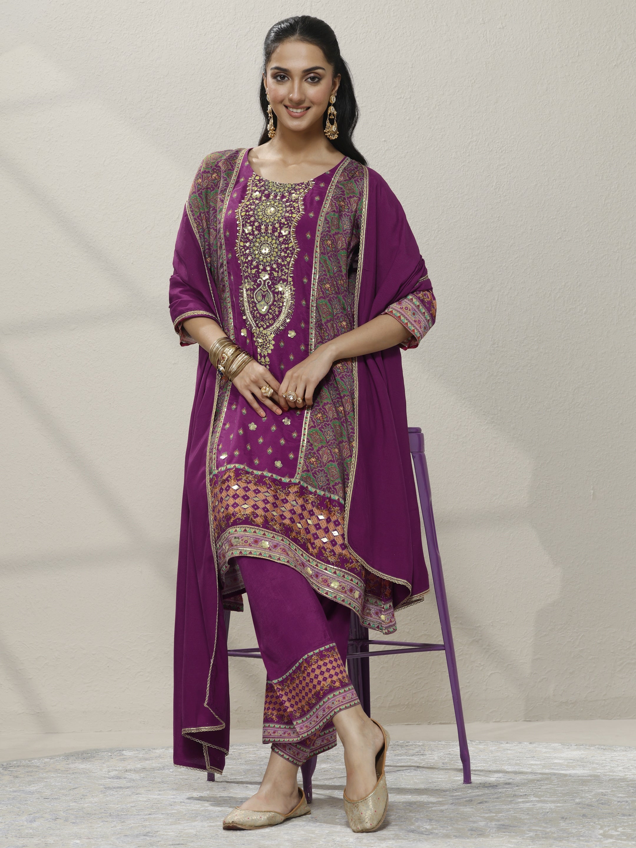 libas Magenta Embroidered Silk blend A-line Suit Set With Dupatta-picture-16