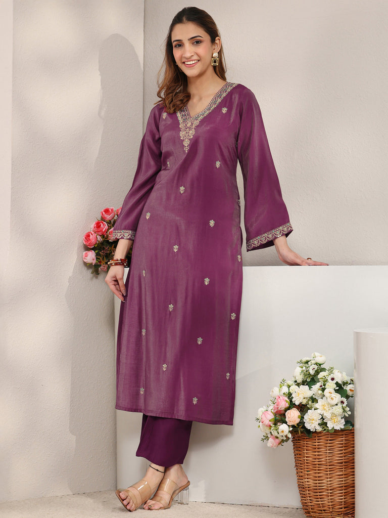 Libas Magenta Embroidered Silk Blend Straight Kurta