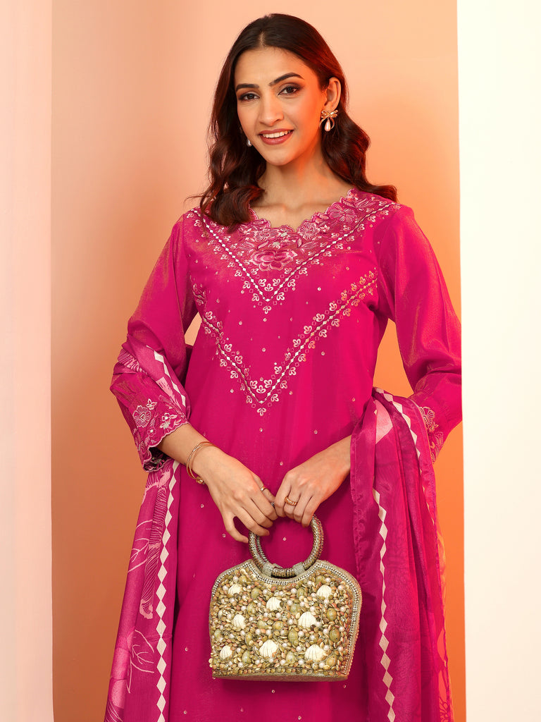 Libas Magenta Embroidered Silk Blend Straight Suit Set With Dupatta