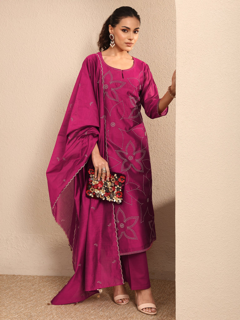 Libas Magenta Embroidered Silk Blend Straight Suit Set With Dupatta