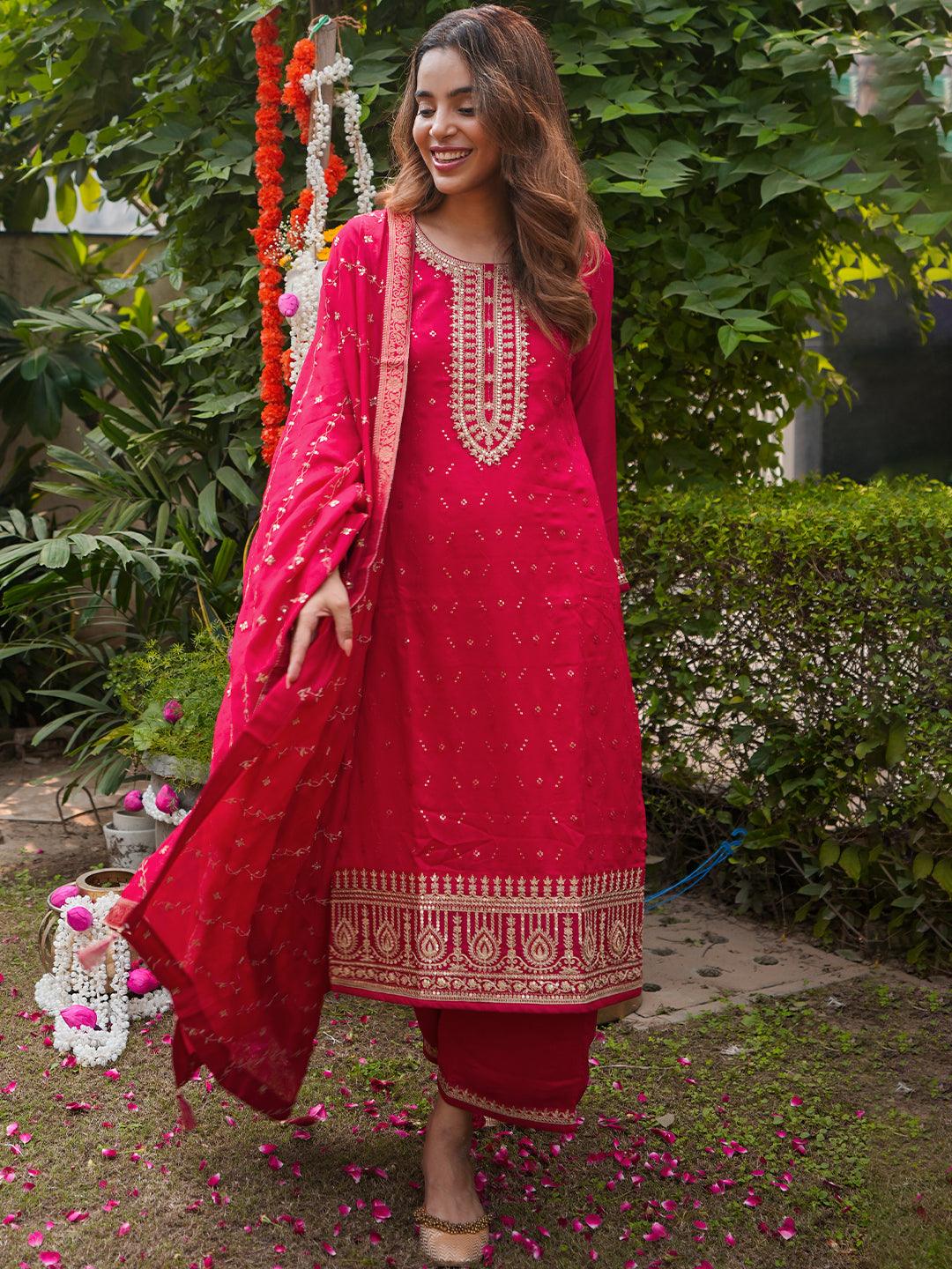 Magenta Embroidered Silk Blend Straight Suit With Dupatta