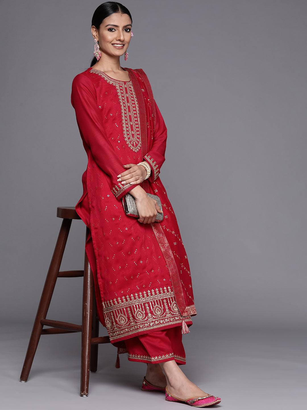 Magenta Embroidered Silk Blend Straight Suit Set - Libas