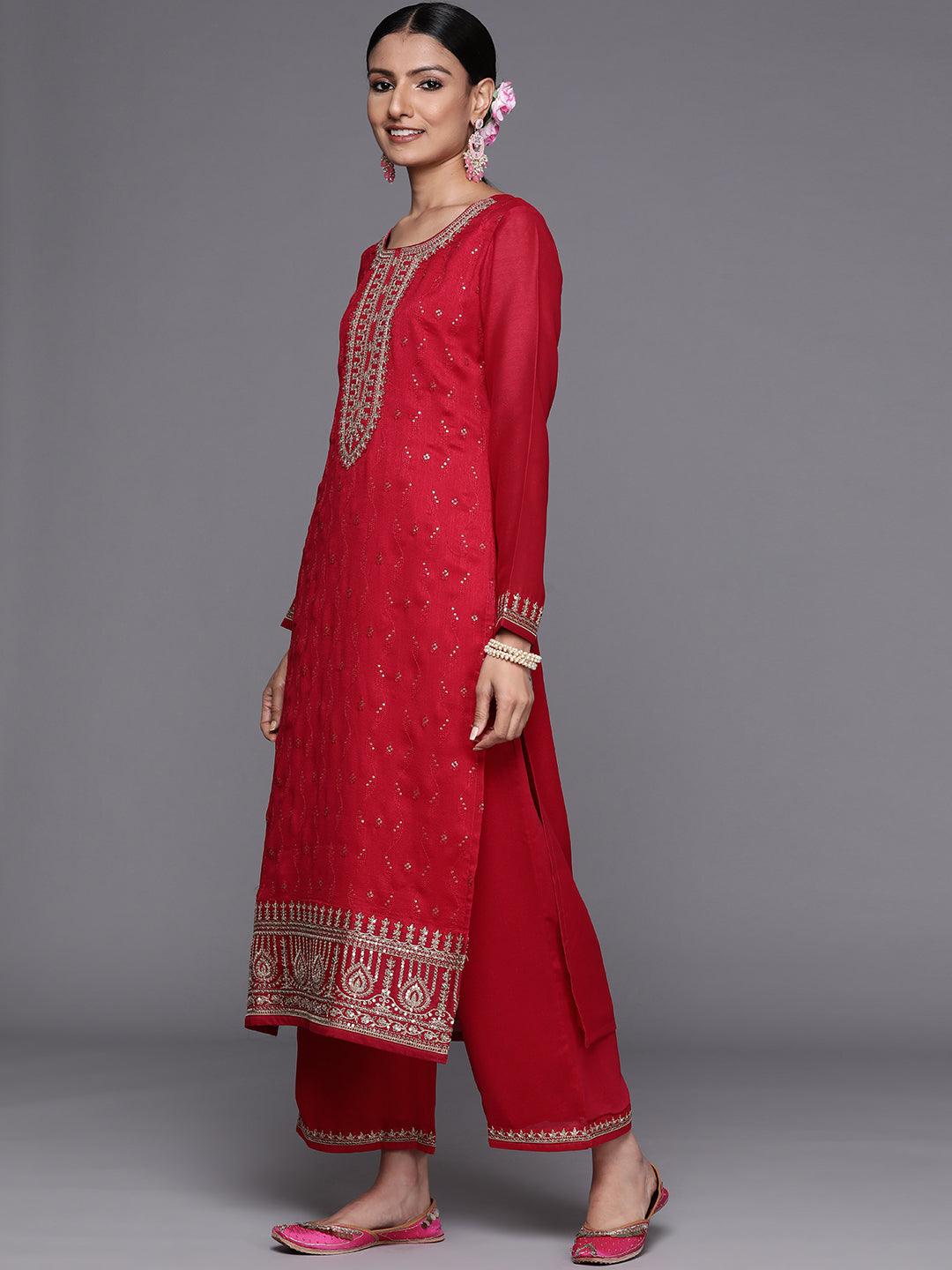 Magenta Embroidered Silk Blend Straight Suit With Dupatta