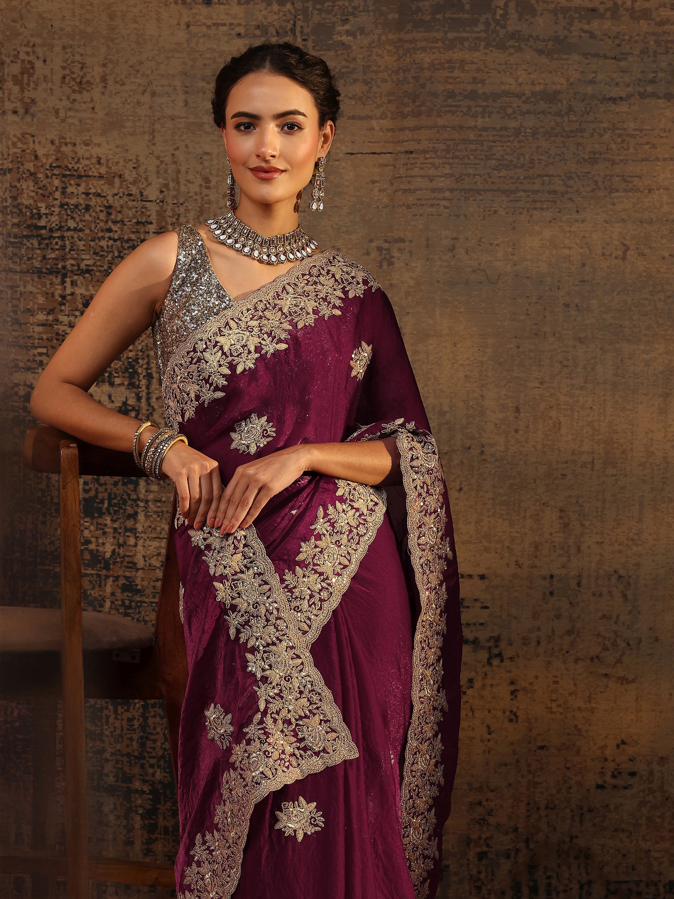 libas Magenta Floral Embroidered Tissue Saree With Unstitched Blouse Piece-picture-43