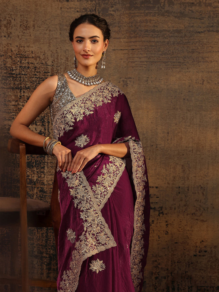 Libas Magenta Floral Embroidered Tissue Saree With Unstitched Blouse Piece