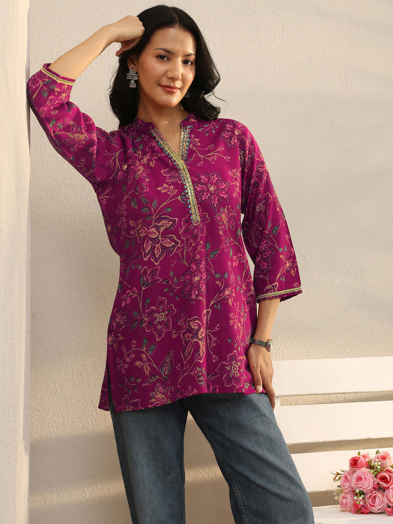 Libas Magenta Floral Printed Silk Blend Straight Short Kurti