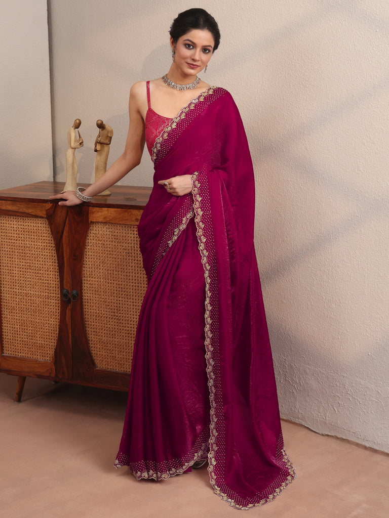 Libas Magenta Pink Embellished Border Tissue Saree