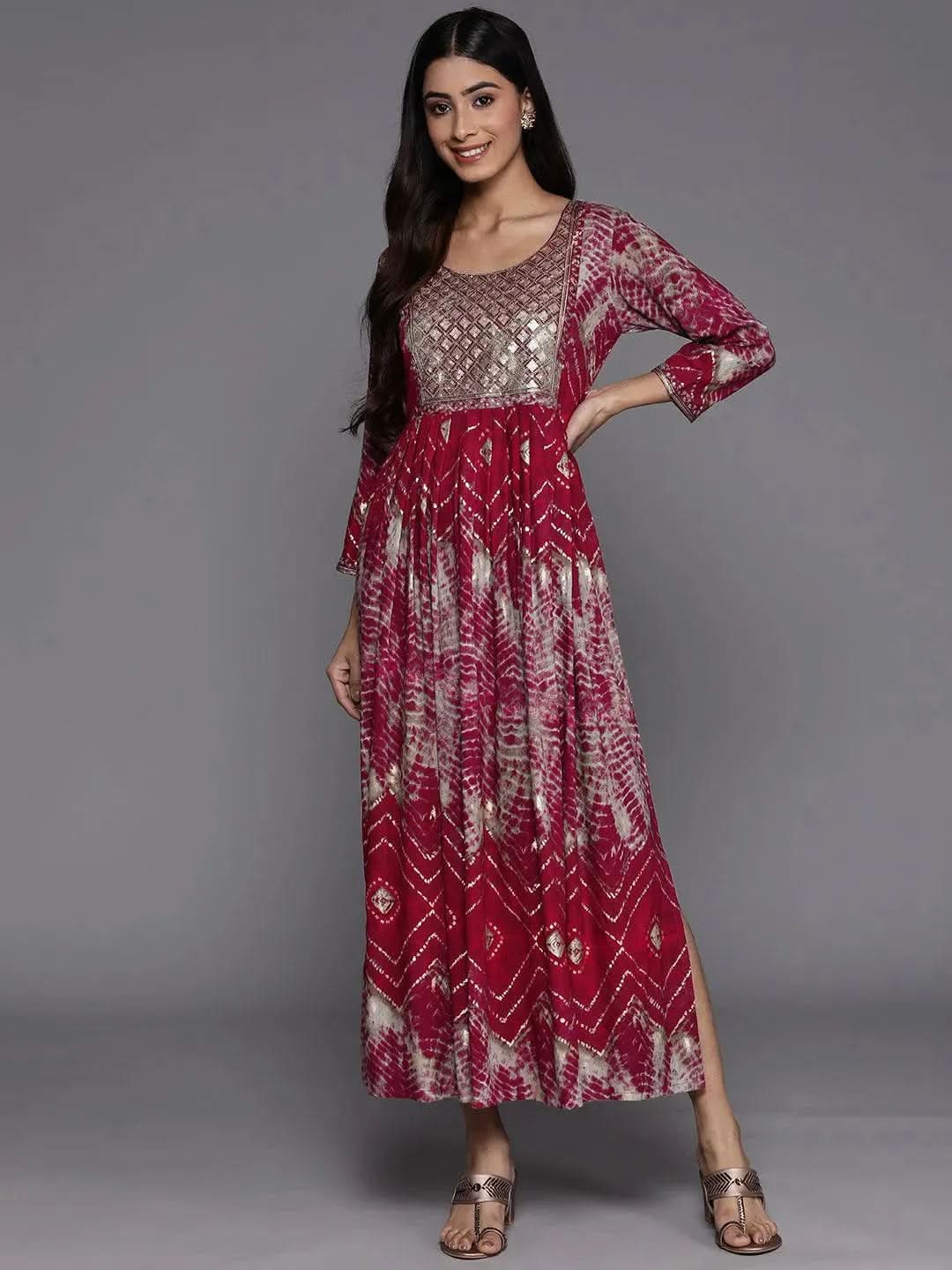 libas Magenta Printed Fit and Flare Rayon Dress-picture-64
