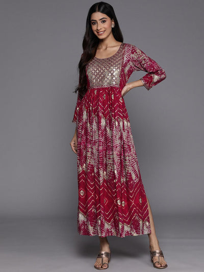 Magenta Printed Fit and Flare Rayon Dress - Libas