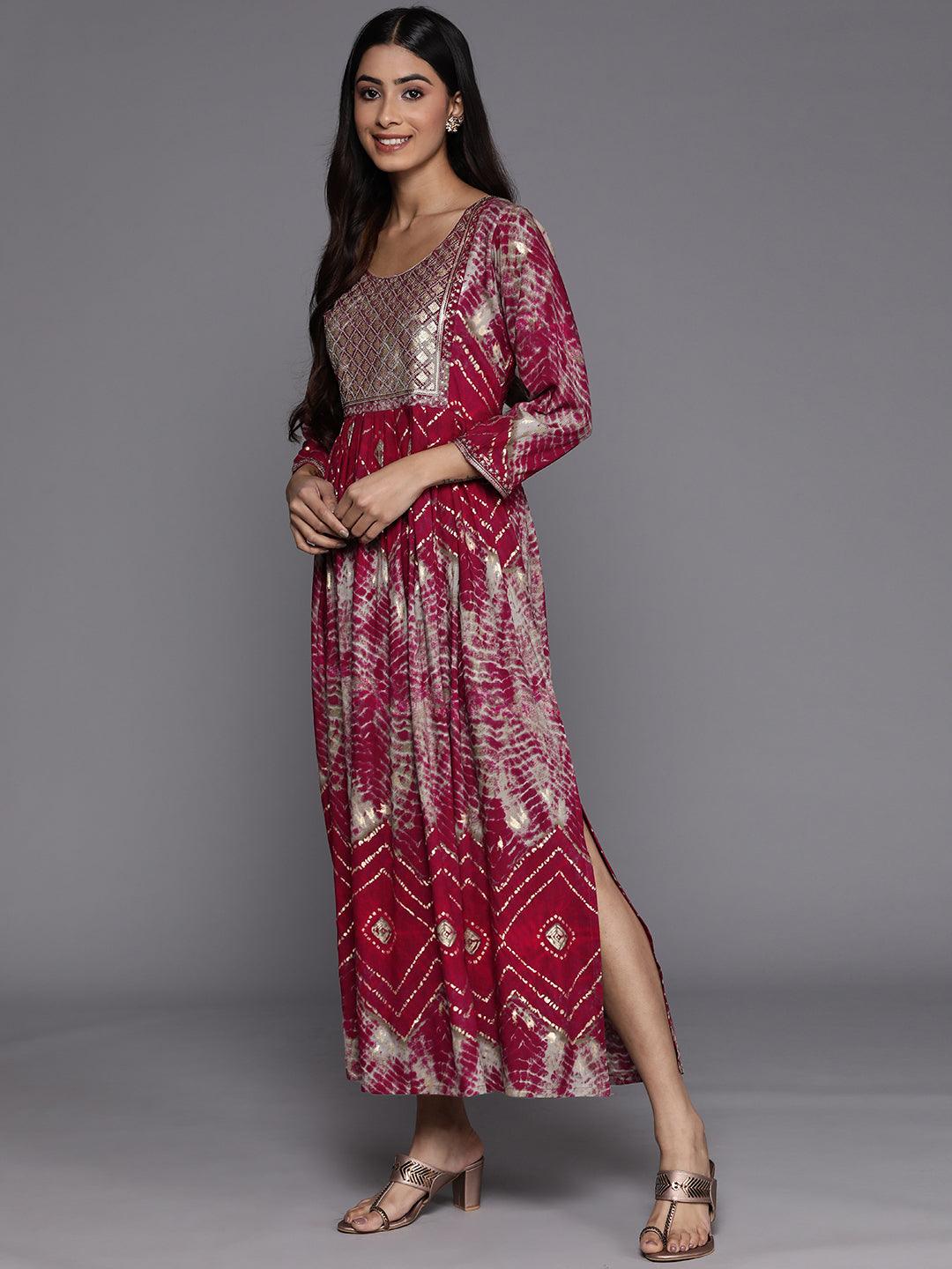 Magenta Printed Fit and Flare Rayon Dress