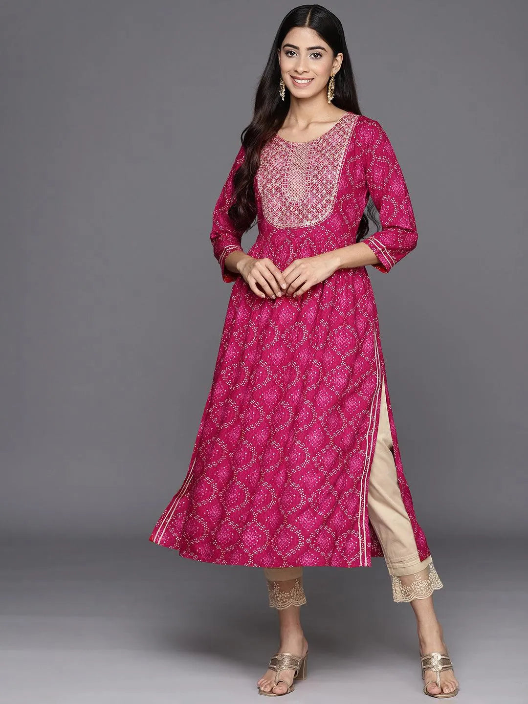 Magenta Printed Rayon A-Line Kurta