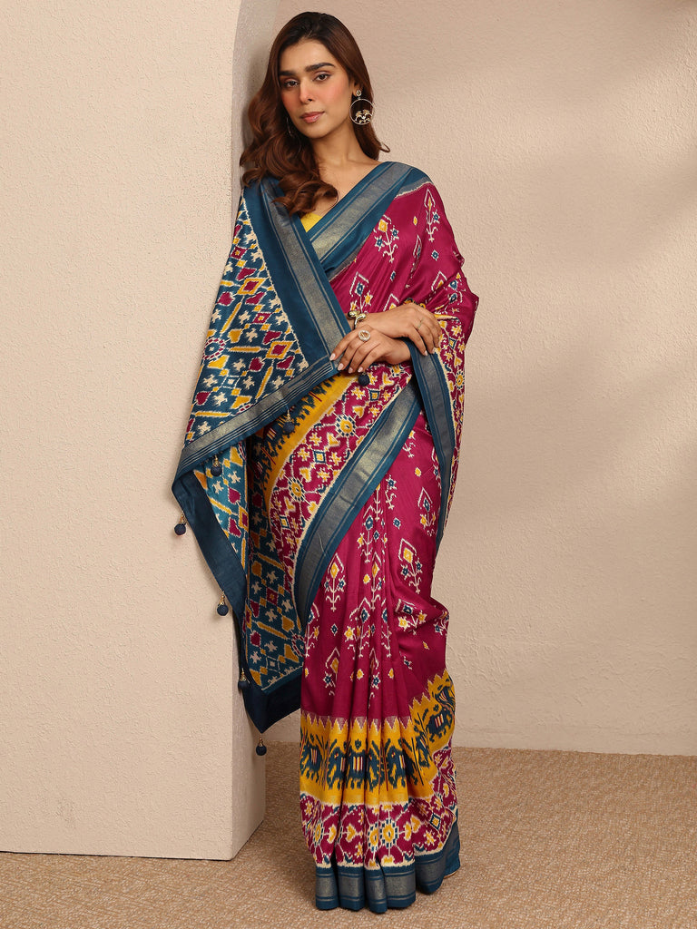Libas Magenta Printed Silk Blend Saree With Unstitched Blouse Piece