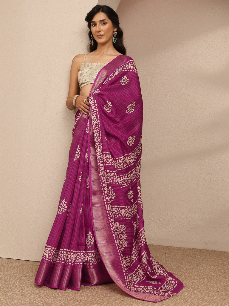 Libas Magenta Printed Silk Blend Saree With Unstitched Blouse Piece
