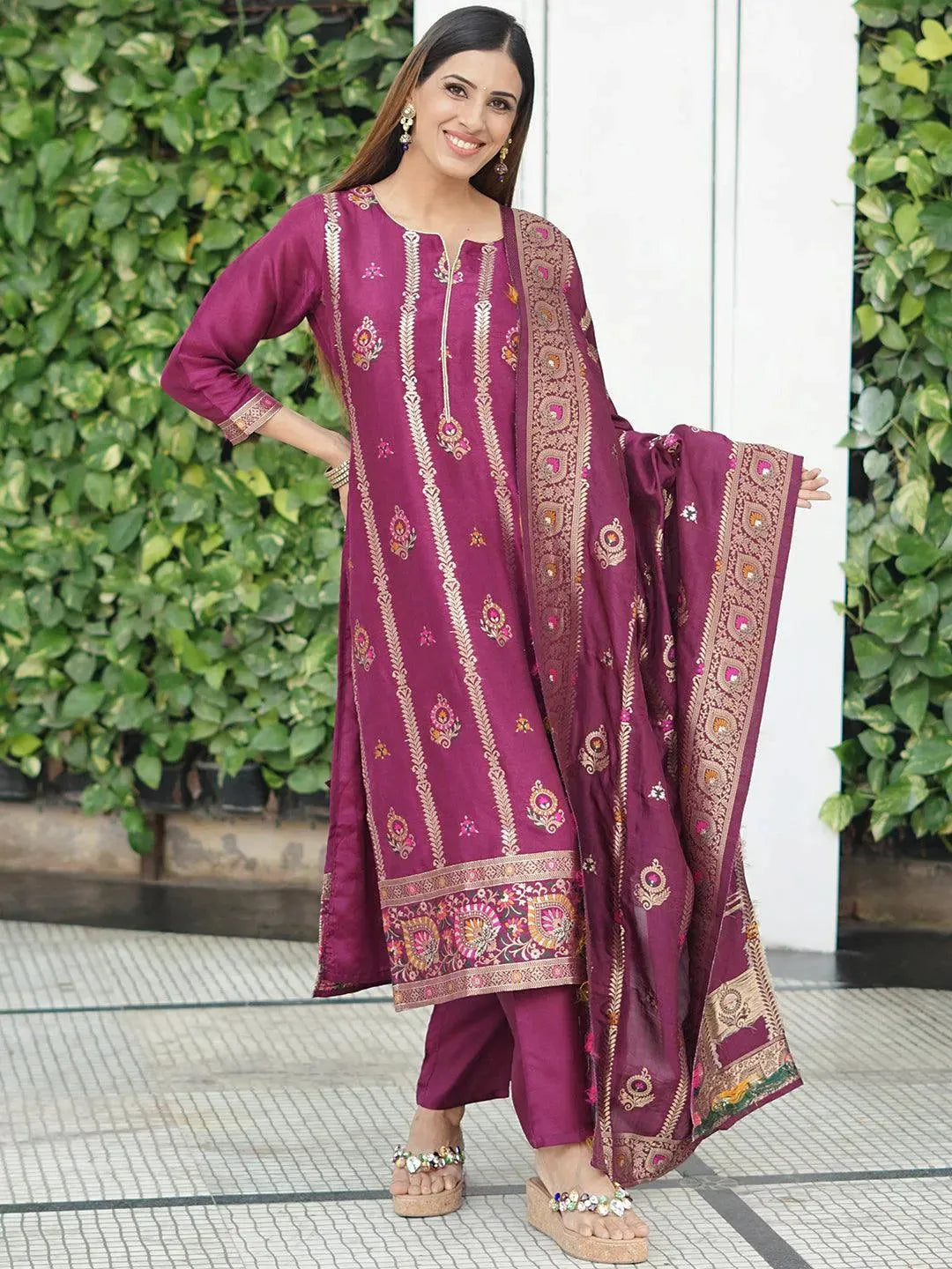 Magenta Self Design Silk Blend Straight Suit Set - Libas