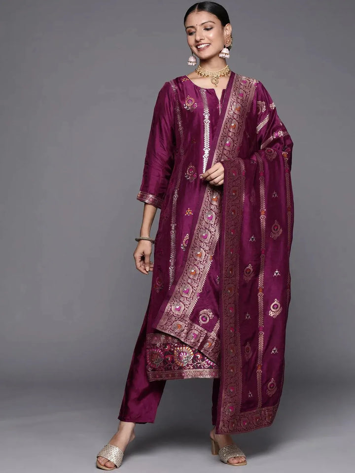Magenta Self Design Silk Blend Straight Suit Set - Libas