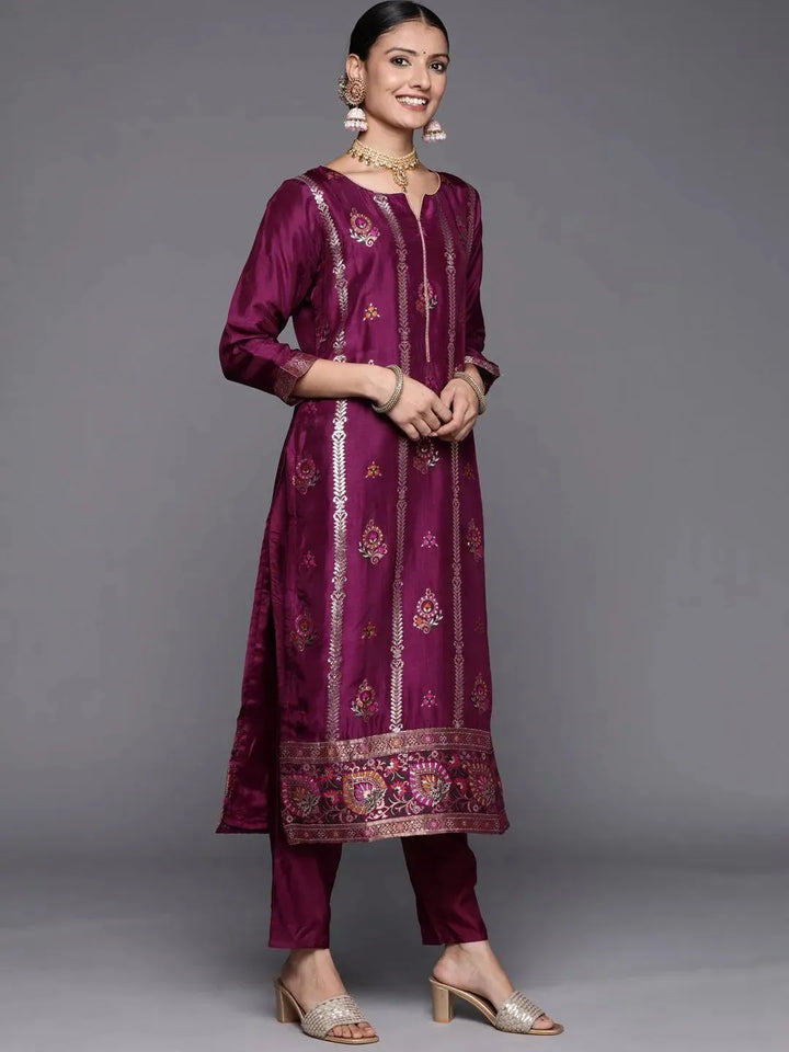 Magenta Self Design Silk Blend Straight Suit Set - Libas