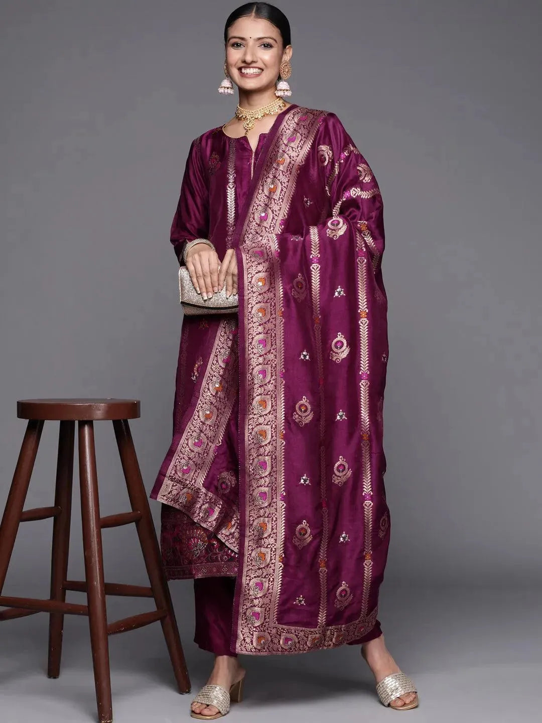 Magenta Self Design Silk Blend Straight Suit Set - Libas 