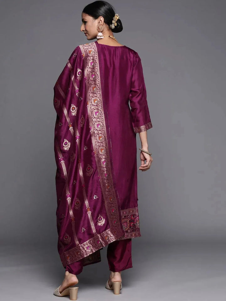 Magenta Self Design Silk Blend Straight Suit Set - Libas