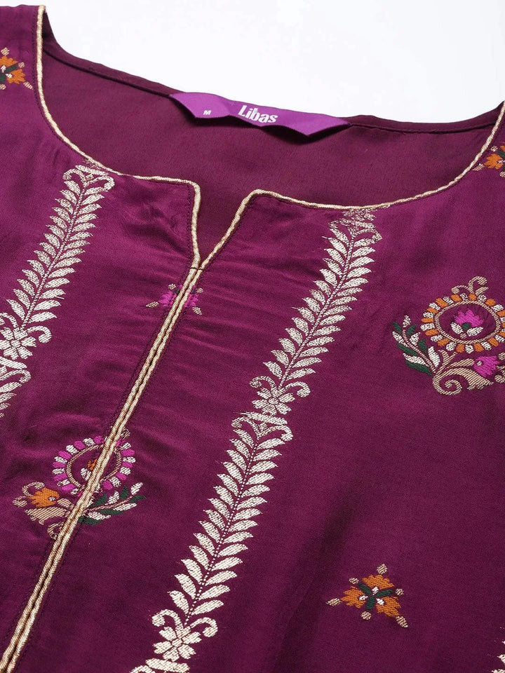 Magenta Self Design Silk Blend Straight Suit Set - Libas