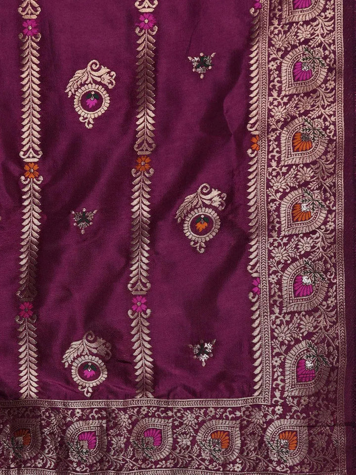 Magenta Self Design Silk Blend Straight Suit Set - Libas
