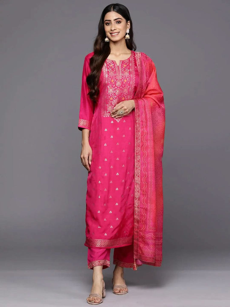 Libas Magenta Self Design Silk Blend Straight Kurta With Trousers & Dupatta