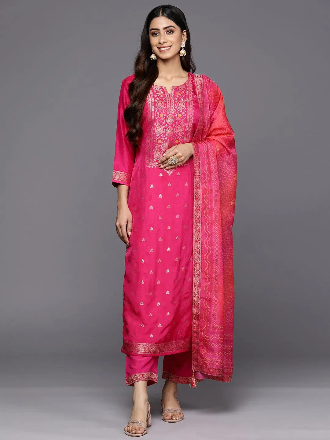 libas Magenta Self Design Silk Blend Straight Kurta With Trousers & Dupatta-picture-17