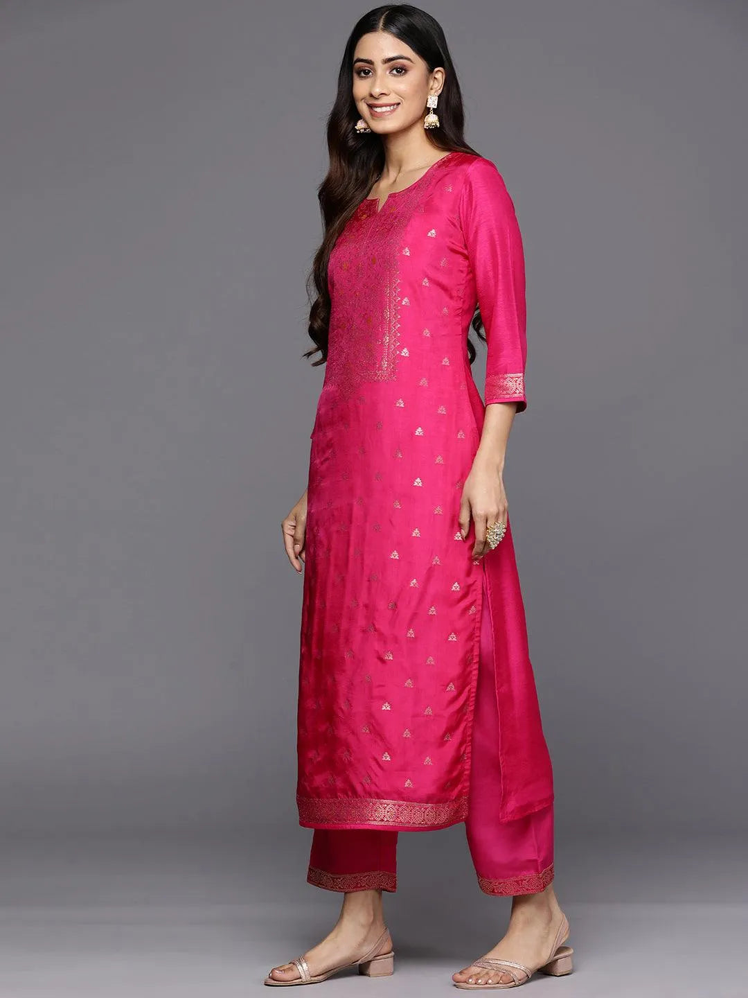 Magenta Self Design Silk Blend Straight Suit Set With Trousers - Libas 