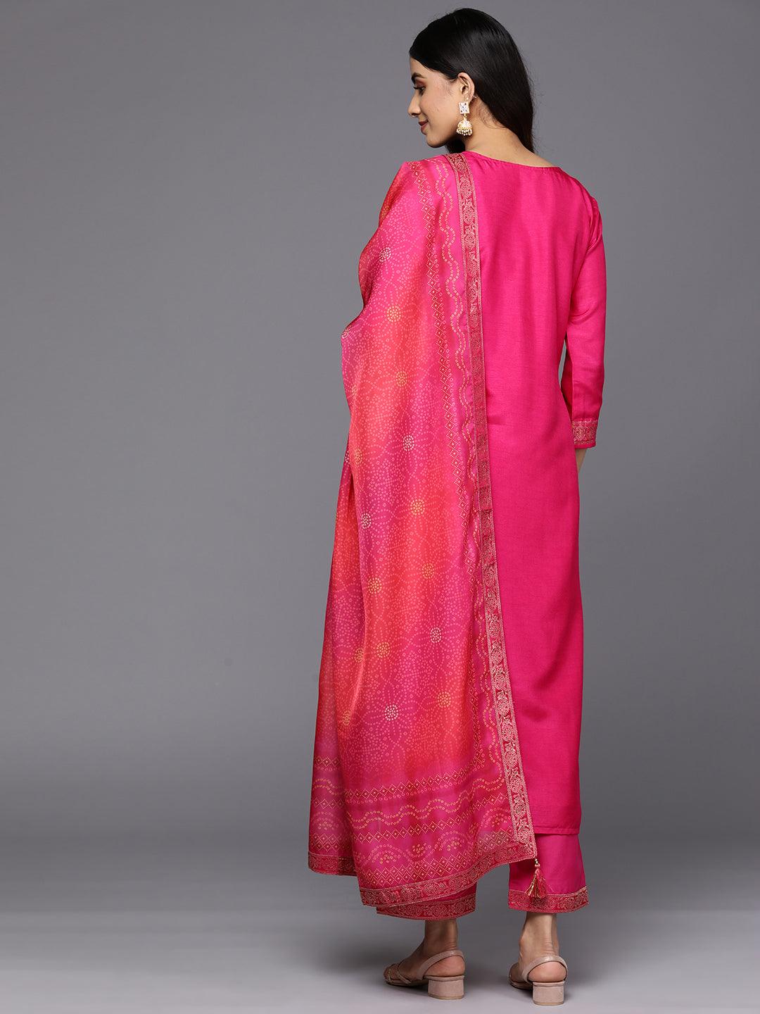 Magenta Self Design Silk Blend Straight Kurta With Trousers & Dupatta