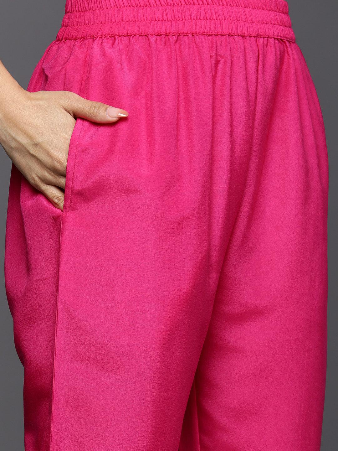 Magenta Self Design Silk Blend Straight Kurta With Trousers & Dupatta