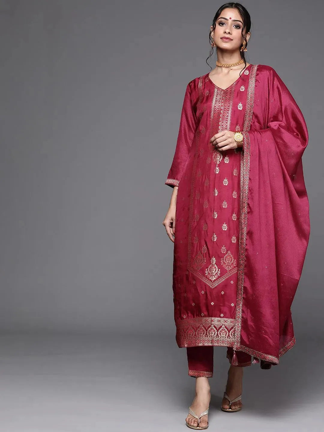 Magenta Self Design Silk Suit Set - Libas 