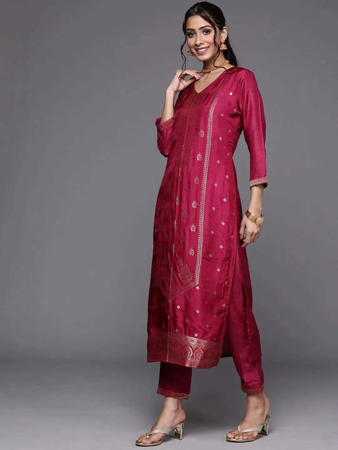 Magenta Self Design Silk Suit Set - Libas 