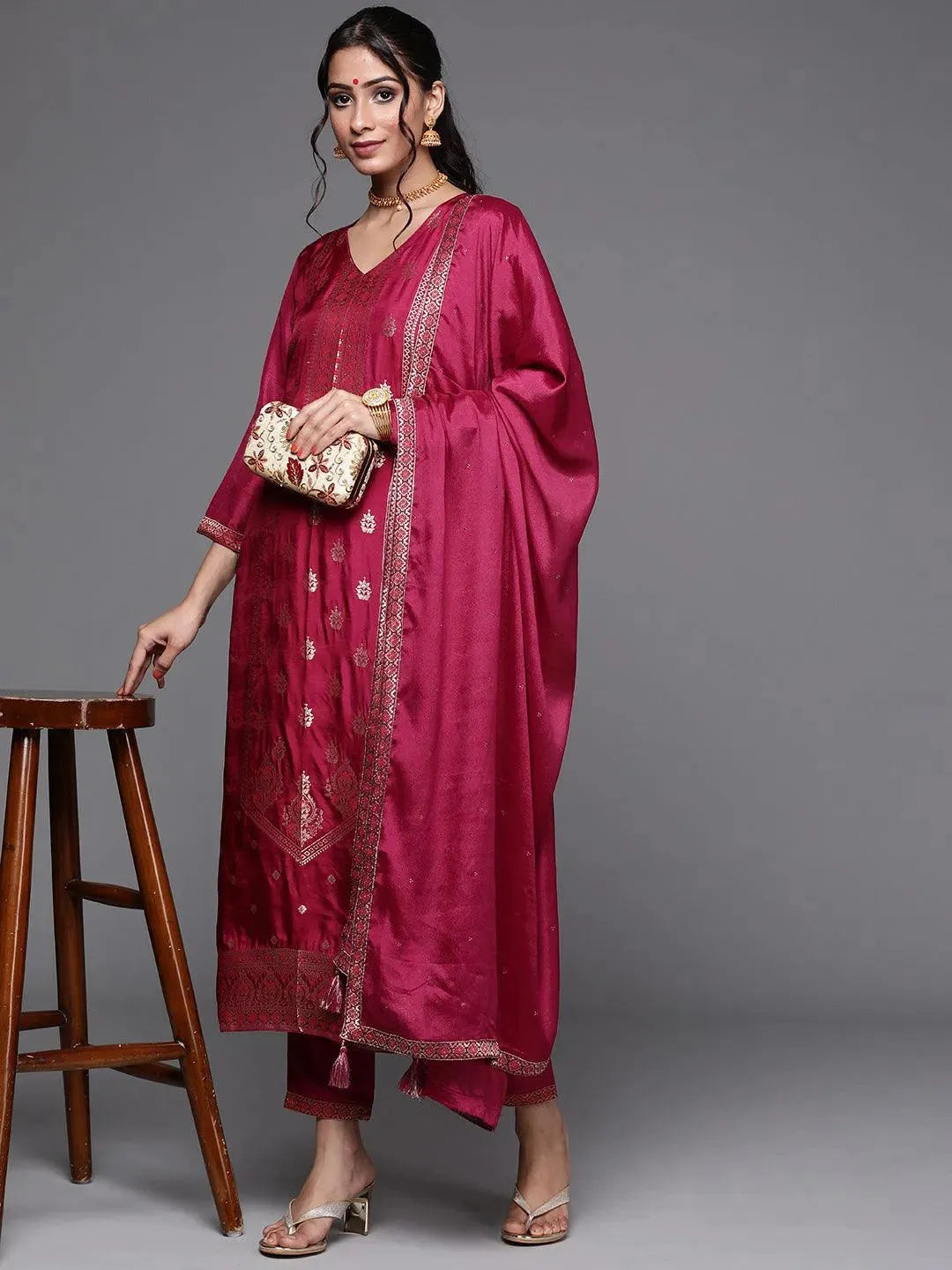 Magenta Self Design Silk Suit Set - Libas 