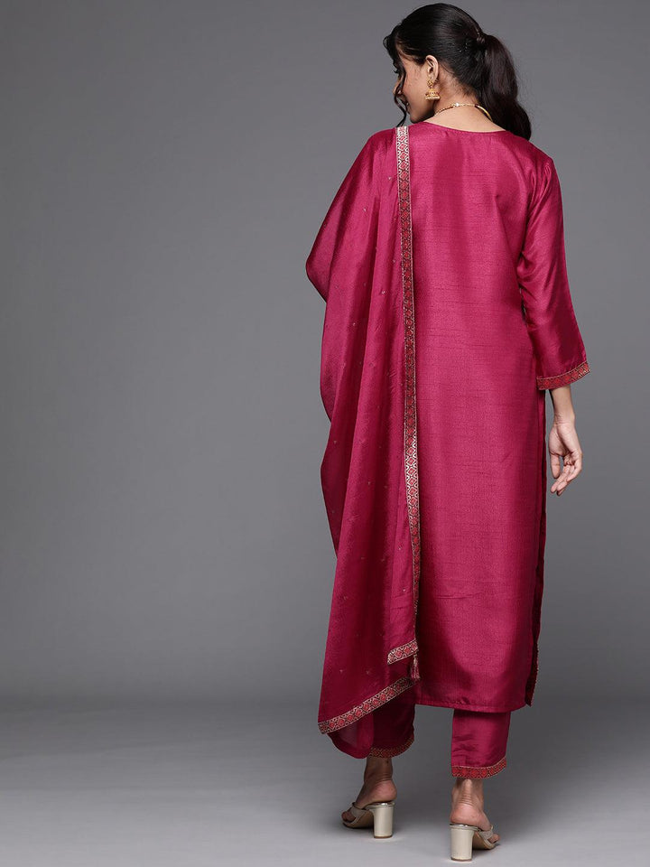 Magenta Self Design Silk Suit Set - Libas