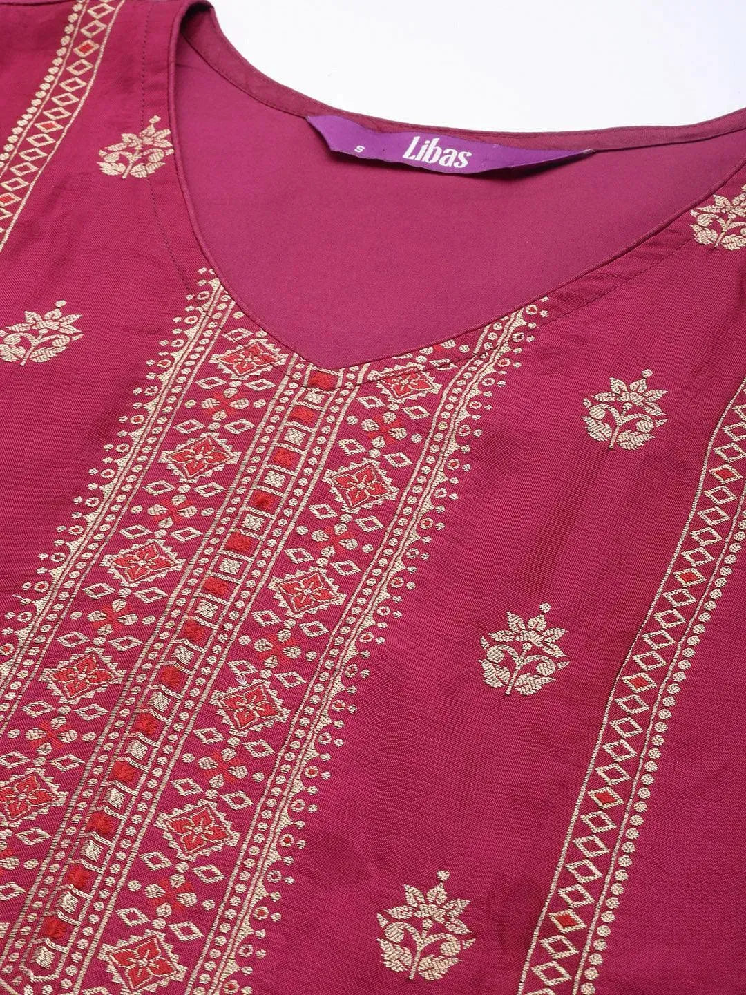 Magenta Self Design Silk Suit Set - Libas 