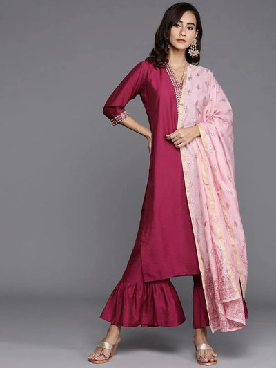 Magenta Solid Chanderi Silk Suit Set - Libas