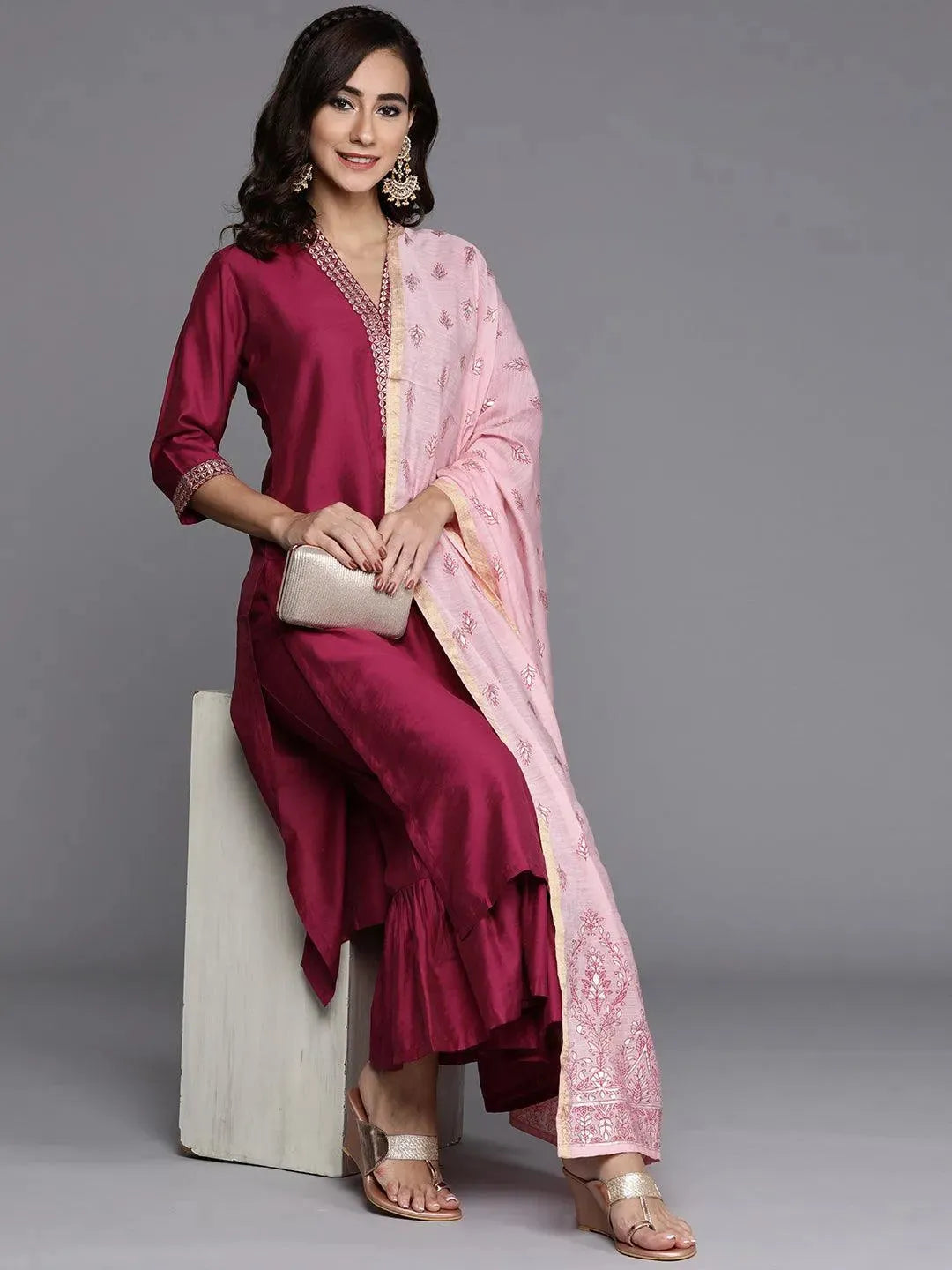 Magenta Solid Chanderi Silk Suit Set - Libas 