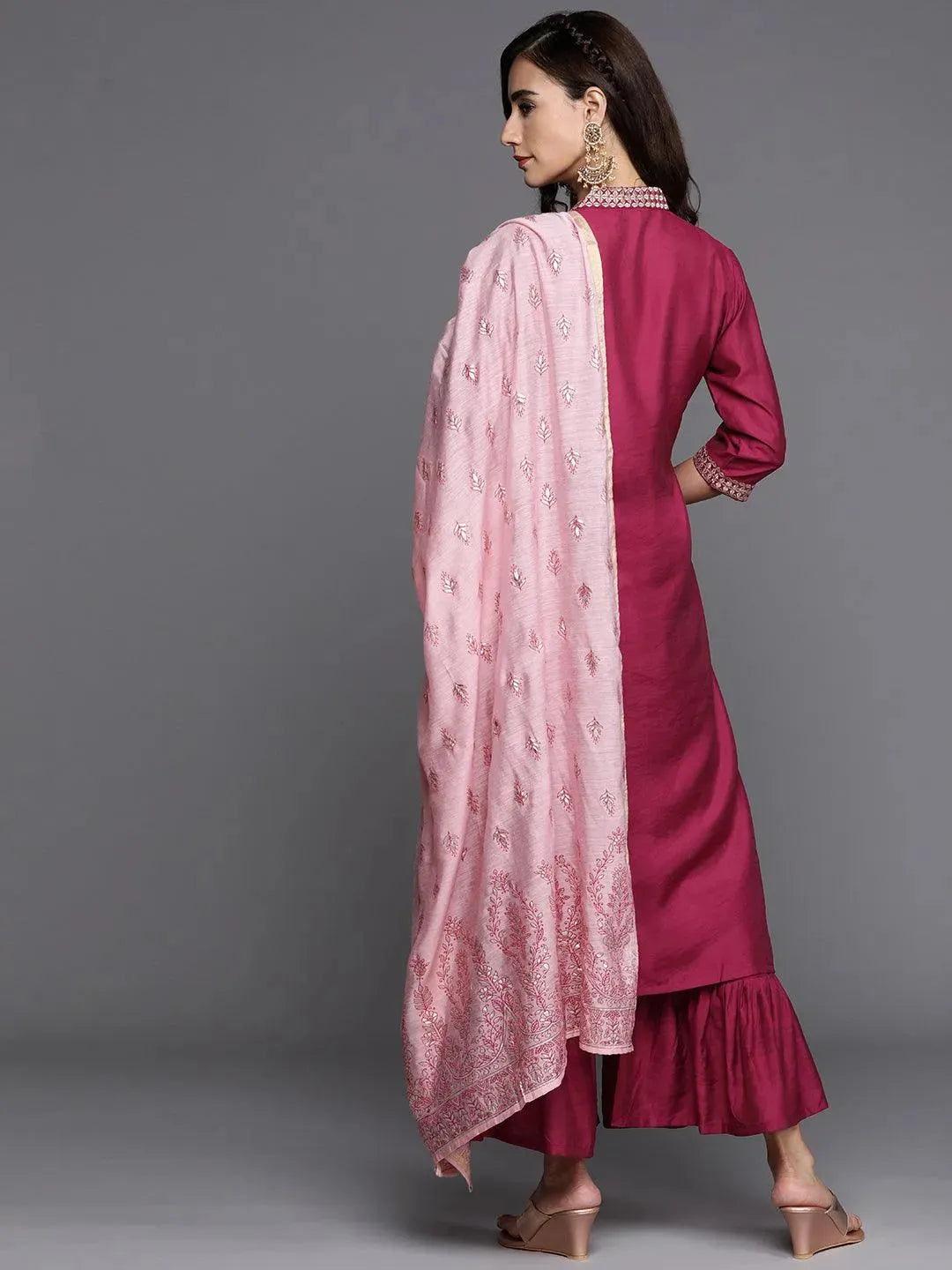 Magenta Solid Chanderi Silk Suit Set - Libas 