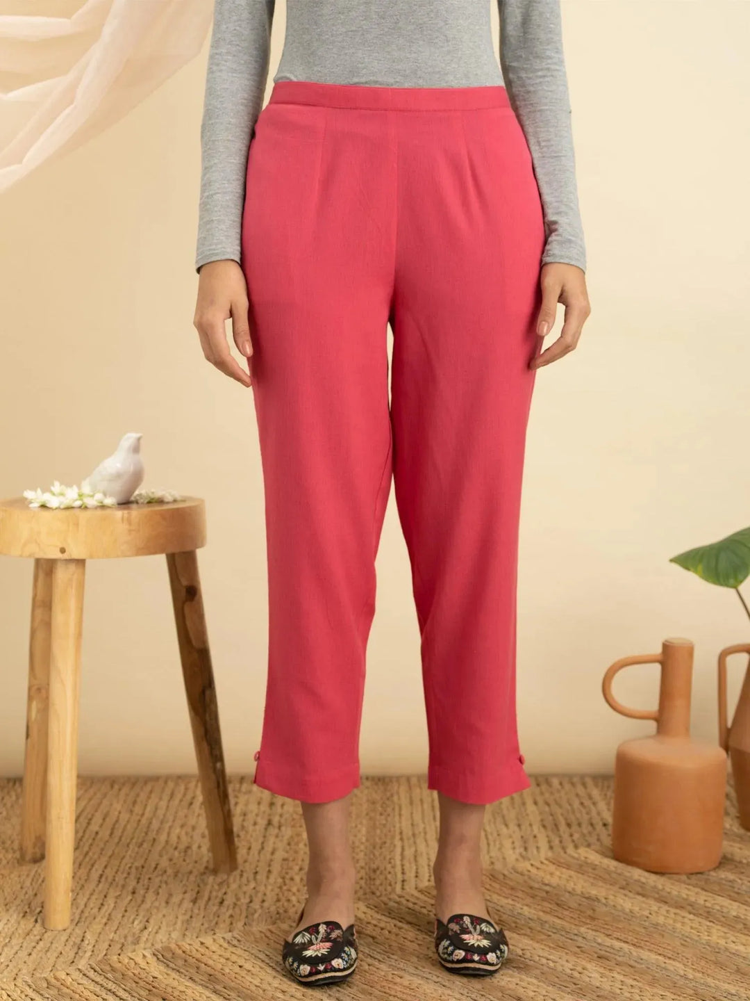 Magenta Solid Cotton Trousers - Libas