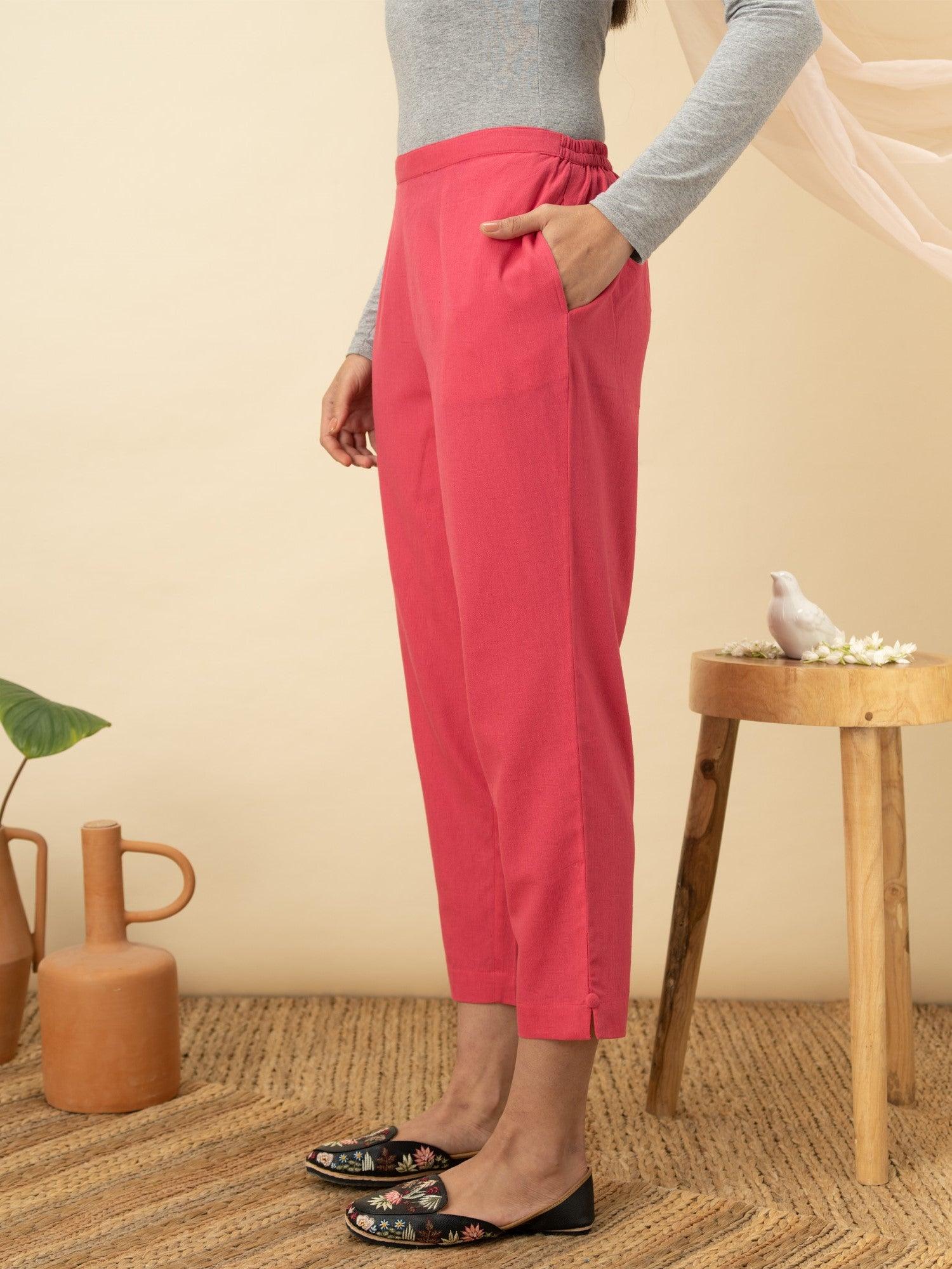 Magenta Solid Cotton Trousers