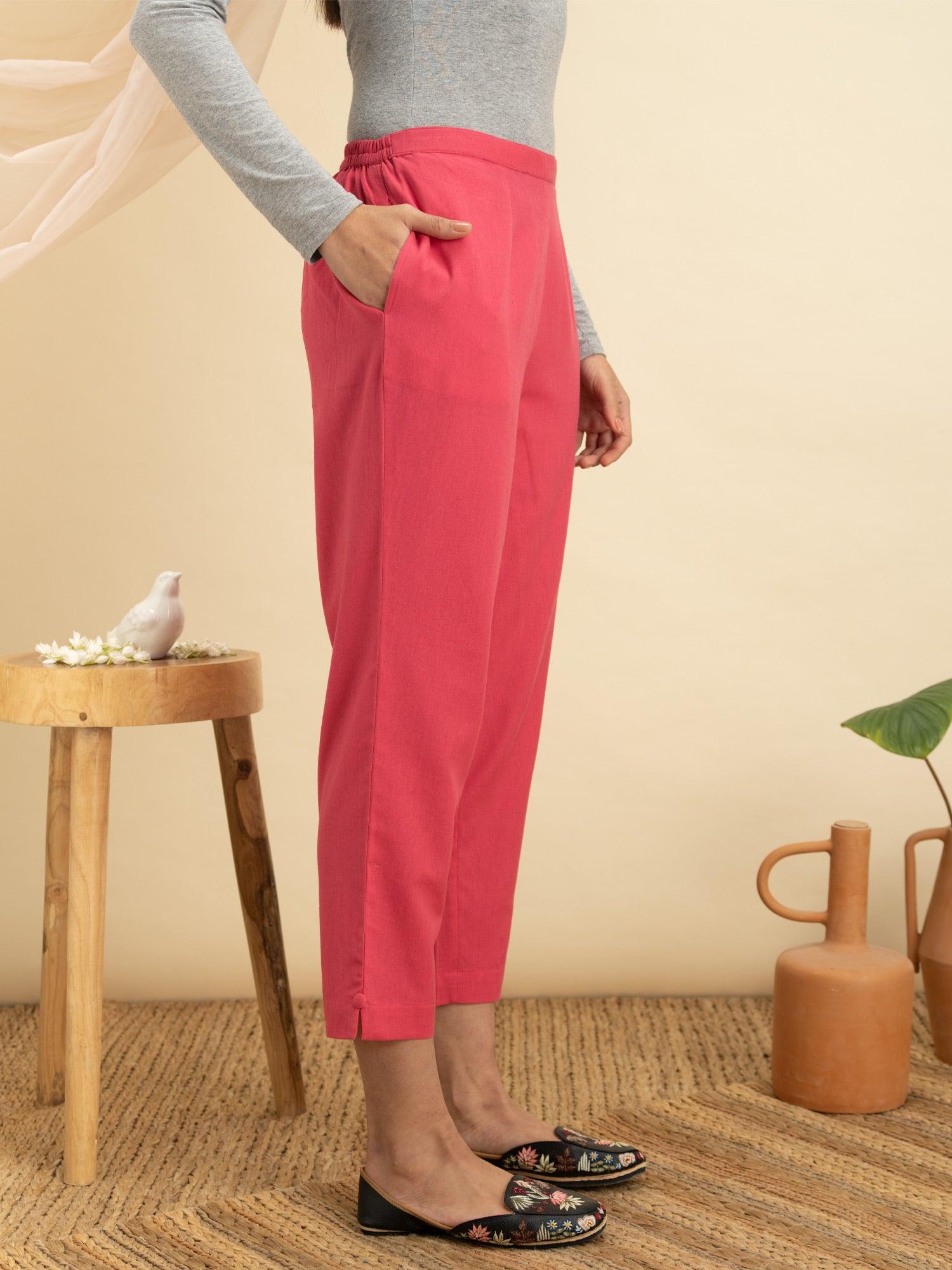 Magenta Solid Cotton Trousers