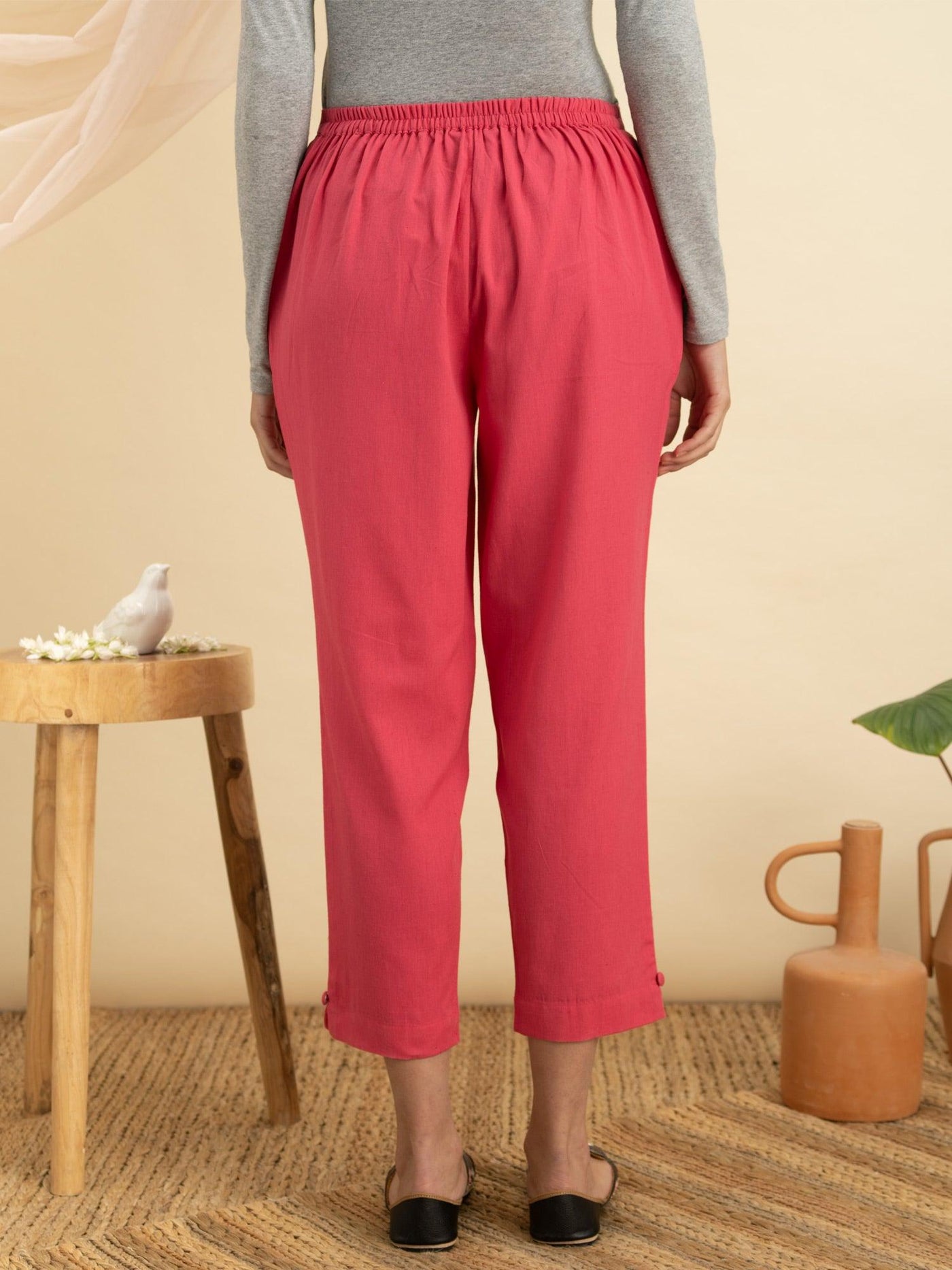 Magenta Solid Cotton Trousers - Libas